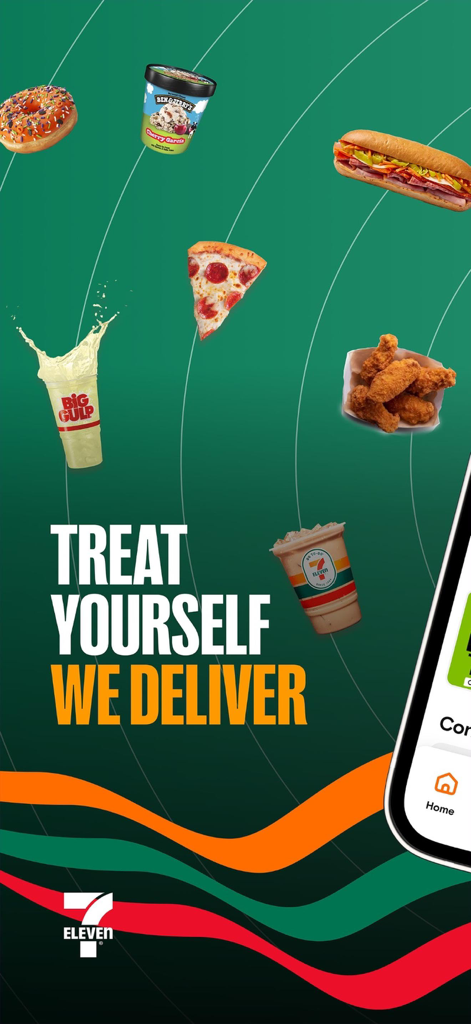 Promotional screen for 7NOW delivery app featuring various snacks and the text Treat Yourself We Deliver