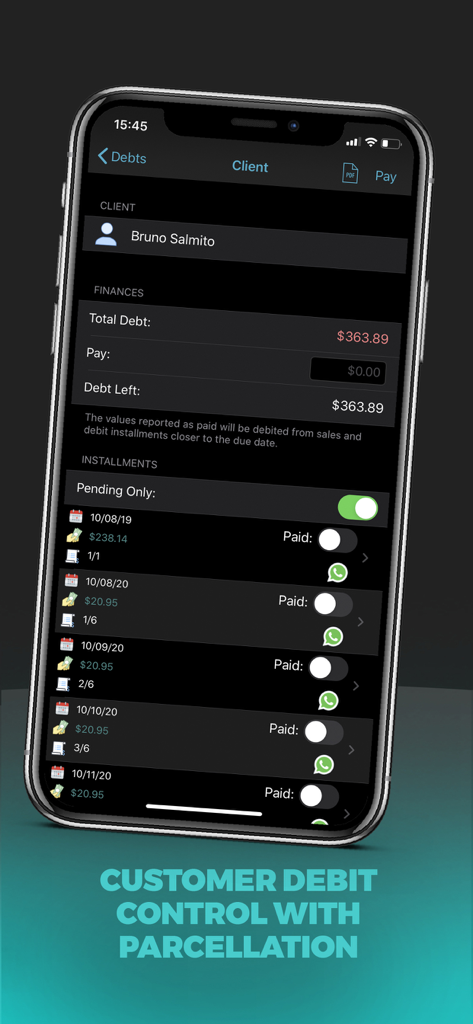 Interface of My Loja Store app showing customer debt control and payment installments