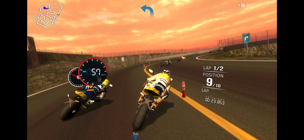Third person view of a motorcycle racer on a track during a sunset race in Real Moto