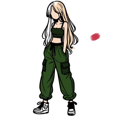girl in baggy pants crop top and long hair