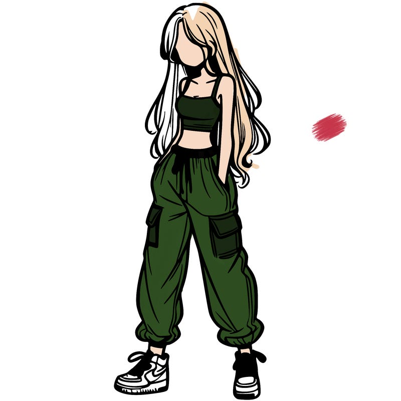 girl in baggy pants crop top and long hair