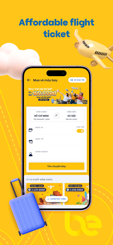 be - Multi-Service Platform - Schermata di prenotazione voli della super-app be che mostra opzioni per biglietti nazionali e internazionali a prezzi accessibili.