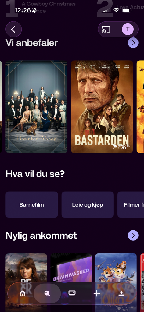 TV 2 Play - TV 2 Play mobile app interface showing movie recommendations like Bastarden and Downton Abbey alongside streaming categories