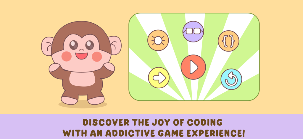Code Monkey Junior Coding Game - Cute monkey mascot next to a display of educational coding icons for kids.