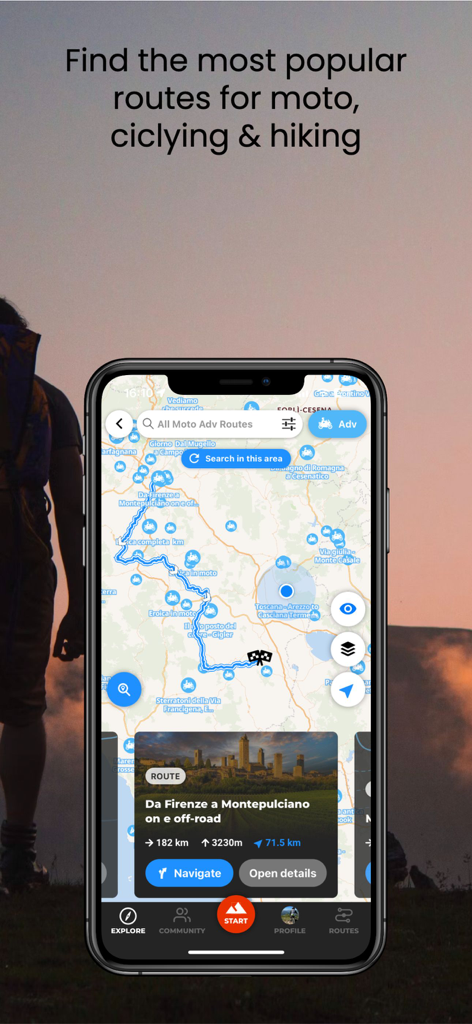 WHIP LIVE Moto, Bike, Trekking - Interface de l'application WHIP LIVE montrant une carte avec des itinéraires populaires pour moto, vélo et randonnée