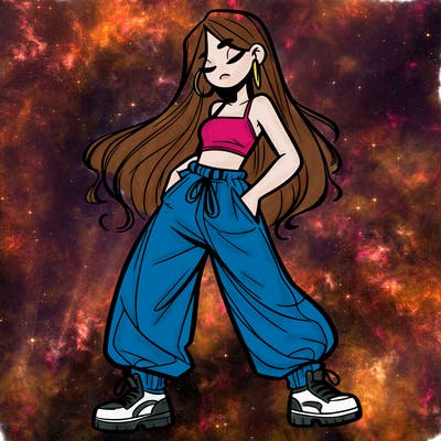 girl in baggy pants crop top and long hair