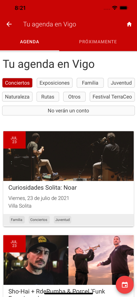 Vigo App - Concello de Vigo - The cultural events agenda screen of the Vigo app displaying local concerts and exhibitions with category filters.