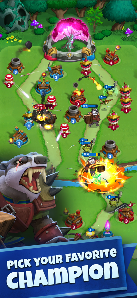 Tower Rush - Tower Defense TD - A fierce badger champion character on a Tower Rush PVP battlefield with towers and warriors