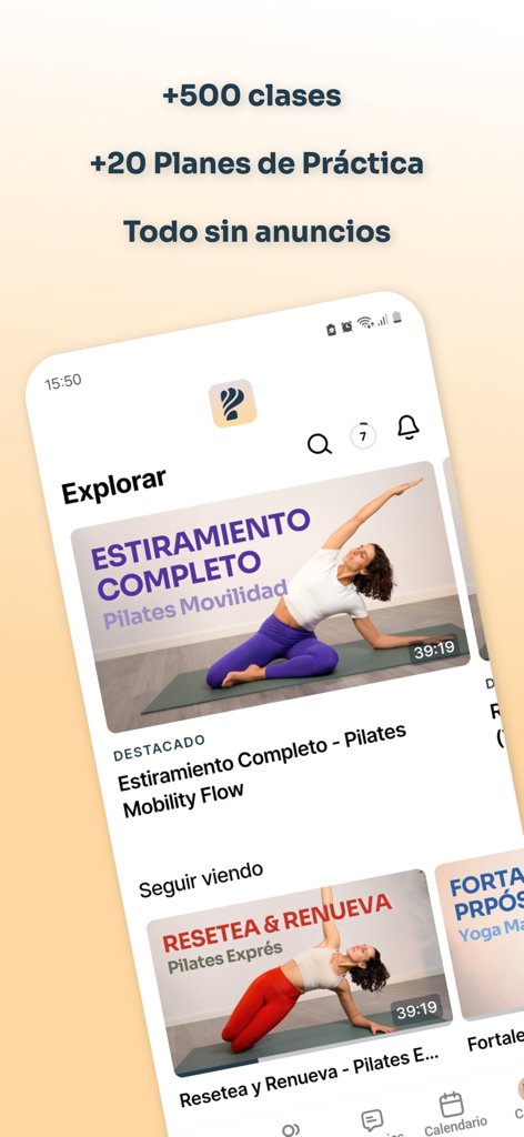 Interface of the Plenamente app showing a variety of yoga and pilates video classes in Spanish