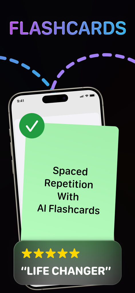 TLDL app interface showing AI flashcards for spaced repetition with a five star user review