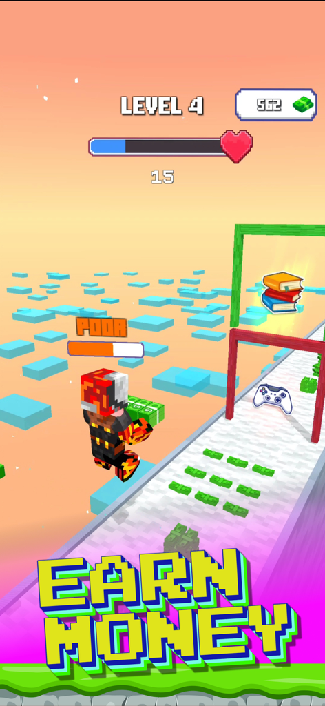 Craft Runner - Money Run 3D - Un personaggio a blocchi in un gioco runner 3D che raccoglie mazzette di denaro su una pista con cancelli di scelta per libri e videogiochi