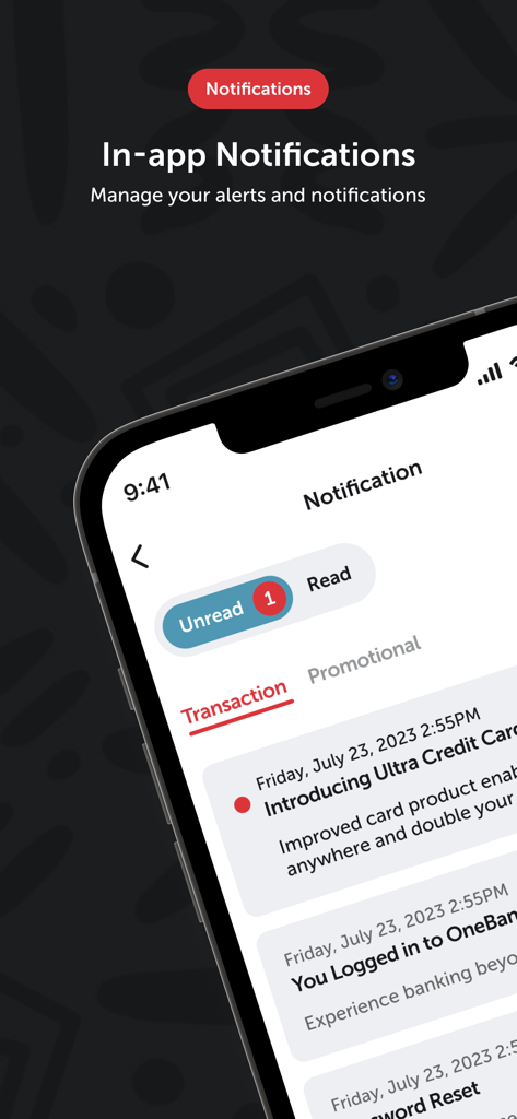 Sterling OneBank mobile app notification center showing transaction and promotional alerts