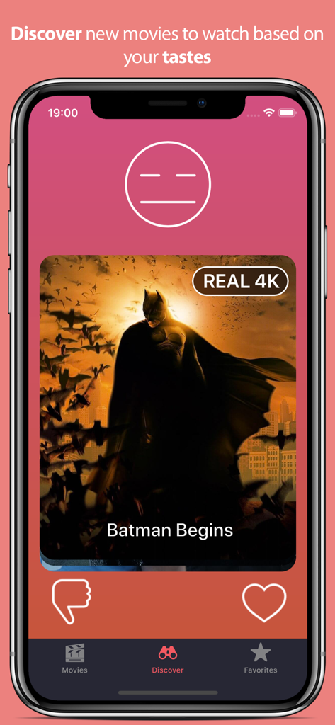 Discover screen of the Real or Fake 4K app showing Batman Begins movie with a Real 4K badge