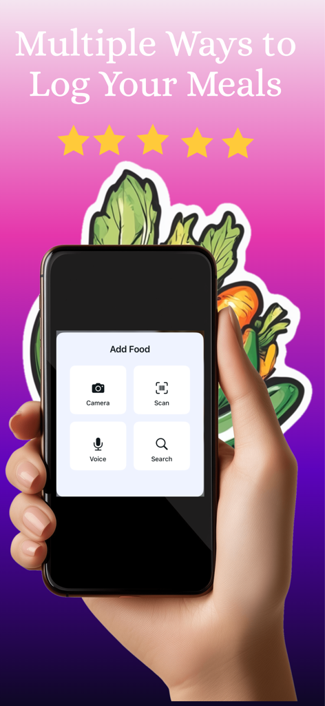 Calo AI - Calorie Counter - Pantalla de smartphone que muestra opciones de escaneo por cámara, voz y búsqueda para registrar comidas en Calo AI