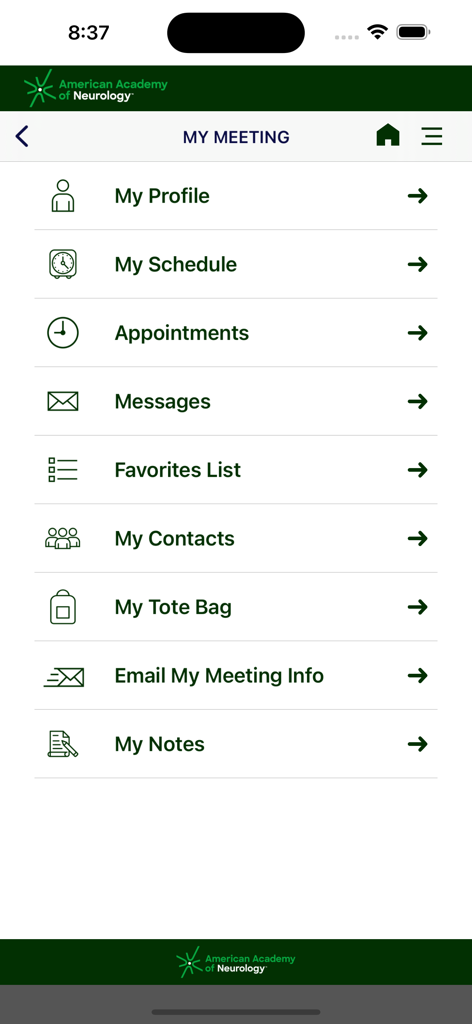 AAN Conferences - Panel de la aplicación Conferencias AAN que muestra el menú Mi Reunión con opciones para horario, citas, mensajes y notas.