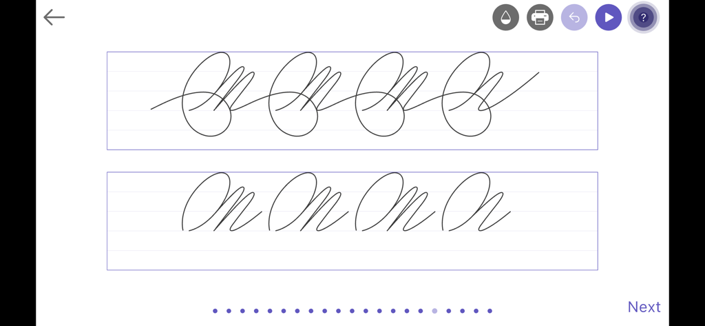 Calligraphy: Cursive Writing - Digital practice pad in the calligraphy app showing repeating cursive strokes and penmanship exercises