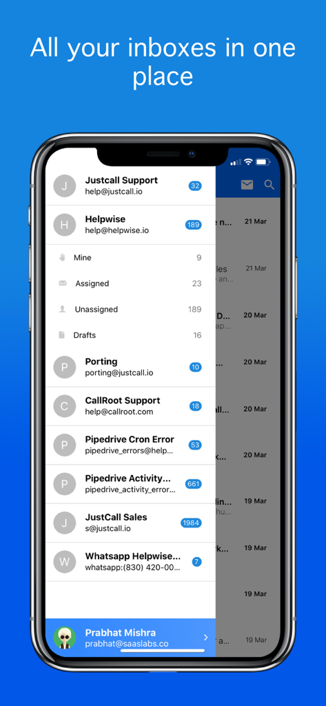 Helpwise 모바일 앱 화면으로, 모든 공유 팀 받은편지함을 한 곳에서 보여줍니다.