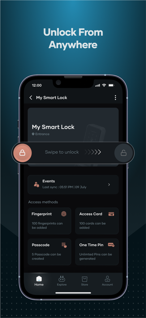 Qubo - Tela do smartphone mostrando a interface do aplicativo Qubo para gerenciar uma fechadura inteligente com um recurso de deslizar para desbloquear e configurações de método de acesso