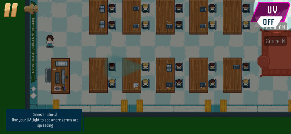 Hand Washing Trainer - A top down pixel art view of a school classroom during a sneeze tutorial in the Hand Washing Trainer app