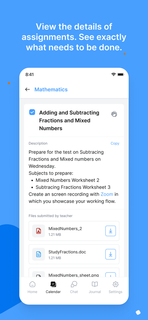 eKool - eKool app screenshot showing a mathematics assignment with descriptions and study files.