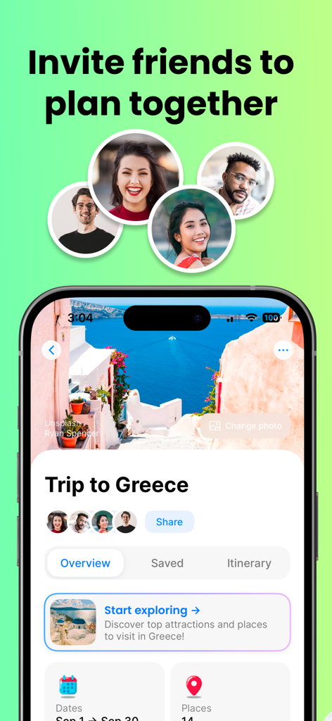 Schermata dell'app Tripbook che mostra la pianificazione di viaggi di gruppo per un viaggio in Grecia con profili di amici.