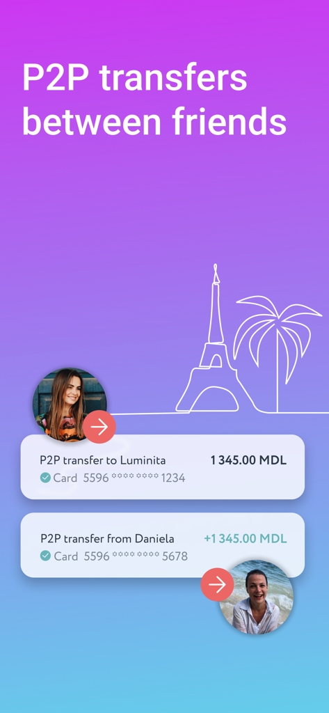 Paynet Wallet app screen showing peer to peer money transfers between friends with transaction history in Moldovan Leu.