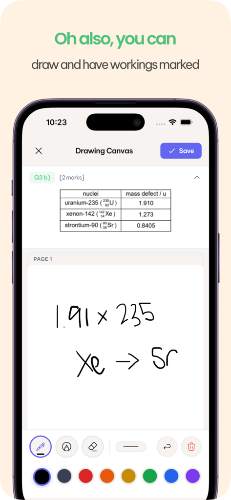 Pallo - A smartphone displaying the Pallo app drawing canvas where a student has handwritten physics calculations to be marked by the AI tutor