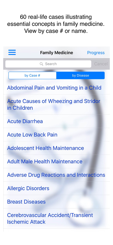 List of clinical cases for medical students in the Case Files Family Medicine app