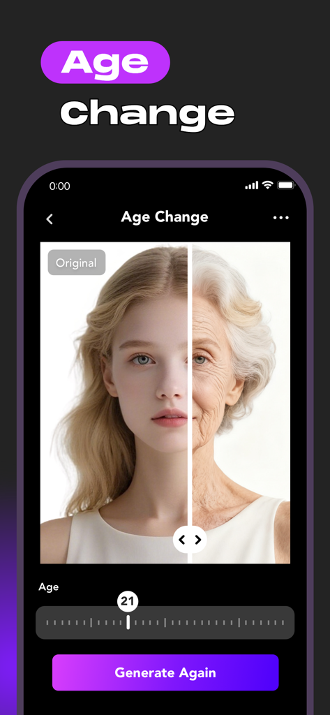 AI ReFace: Face Swap & AI Art - A side by side comparison of a young woman and an aged version of her using the AI ReFace age change slider