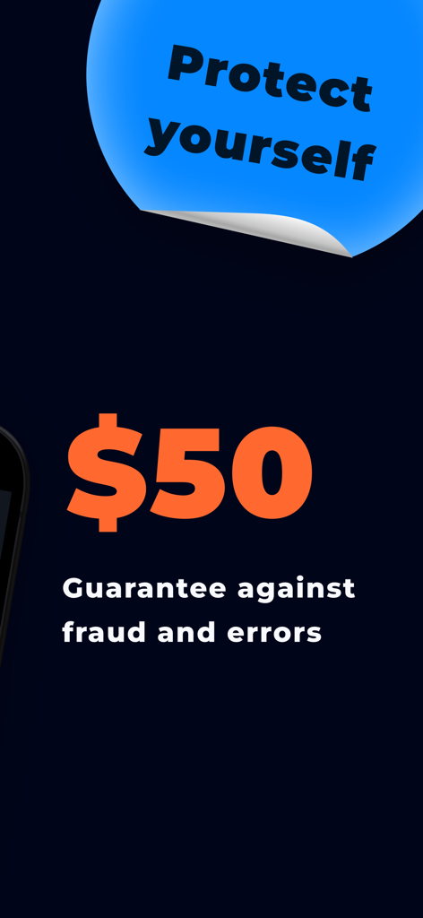 CashBack ZOZI: money back - Banner promocional de la aplicación ZOZI ofreciendo una garantía de cincuenta dólares contra fraudes y errores