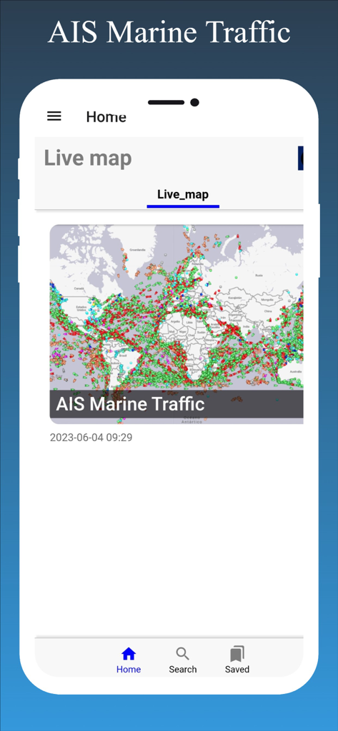 Mobile App-Oberfläche von Marine Traffic Live mit einer Weltkarte mit Echtzeit-AIS-Schiffsverfolgungsdaten.