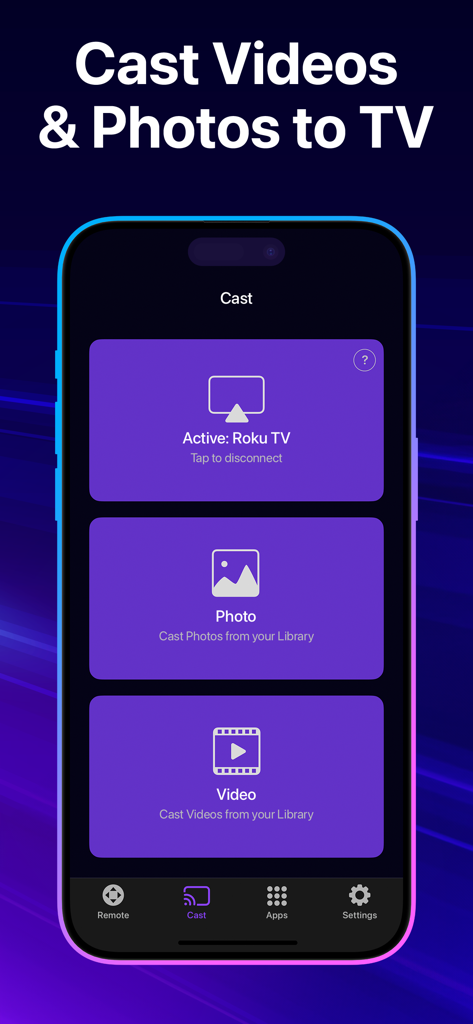 RemoTV 앱 인터페이스에 아이폰에서 Roku TV로 동영상 및 사진을 캐스팅하는 옵션 표시
