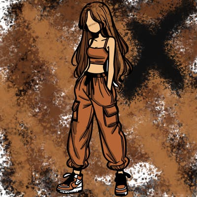 girl in baggy pants crop top and long hair