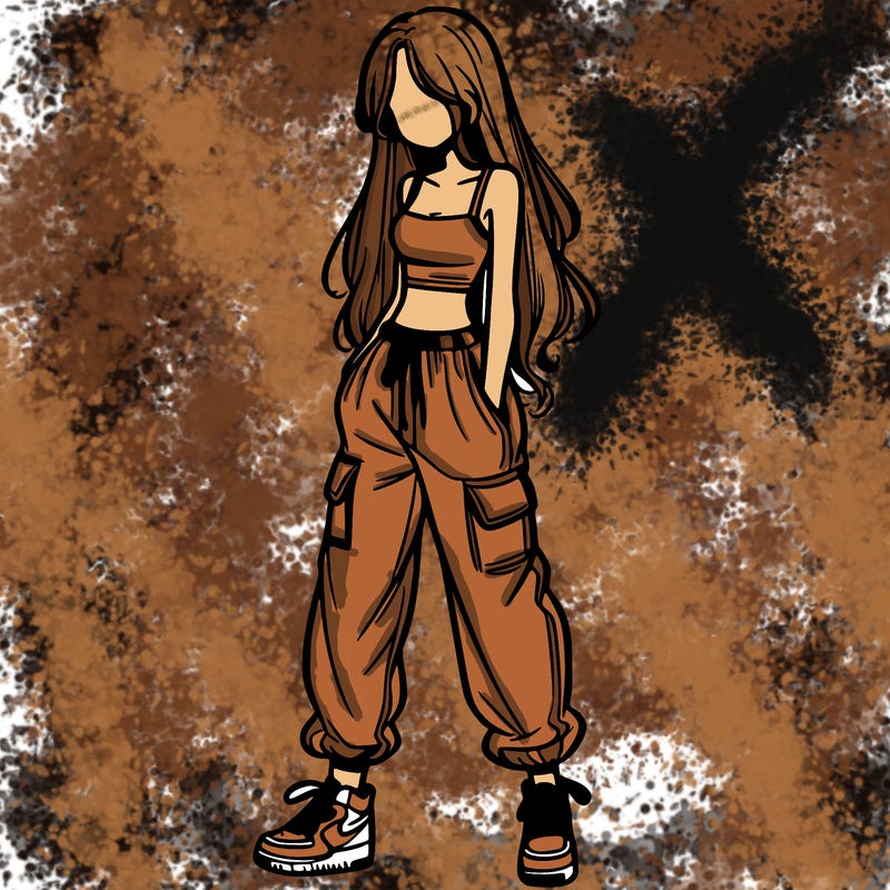 girl in baggy pants crop top and long hair