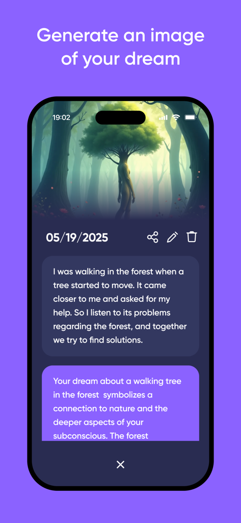 Dreamly: Dream Interpretation - Dreamly app interface showing a written dream journal entry and its corresponding AI generated image