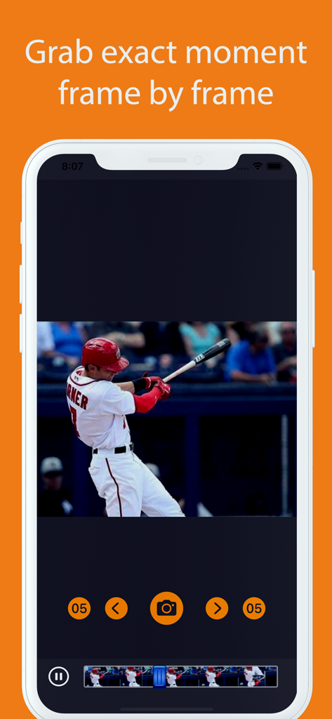 Video to Photo Grabber - Video to Photo Grabber app interface showing frame by frame extraction of a baseball player hitting a ball