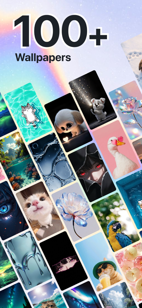 Wallio - Live Wallpapers - 동물 및 애니메이션을 포함한 다양한 3D 및 라이브 배경화면 스타일을 보여주는 콜라주