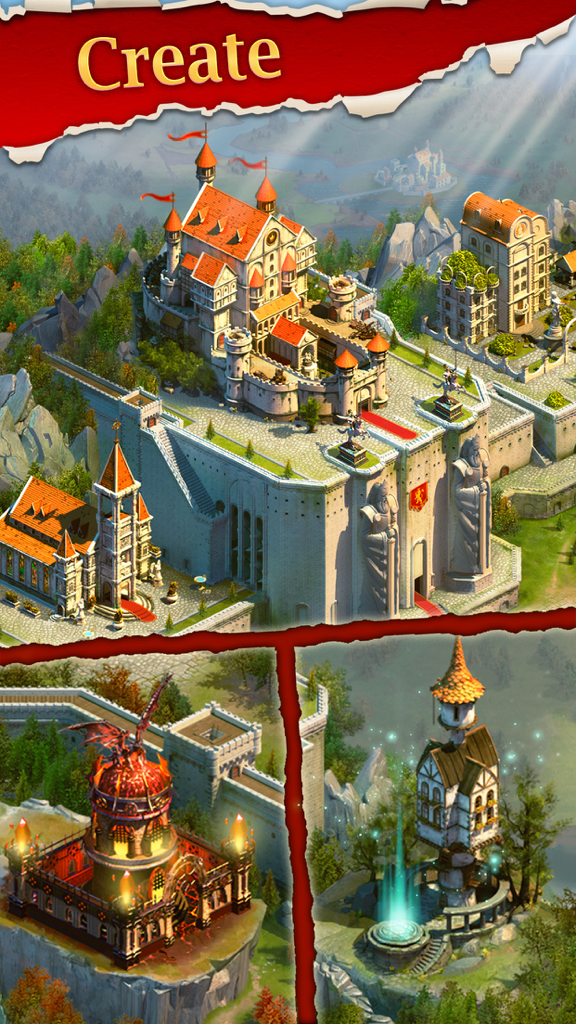 A collage showing a medieval white castle and fantasy towers in King's Empire Deluxe.