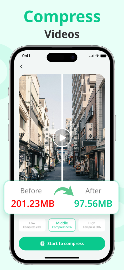 Speed Space: Phone Cleaner - Interface of Speed Space app displaying video compression with before and after file sizes