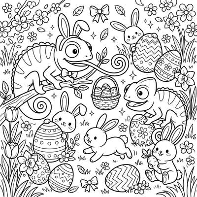 Celebrate Easter with a unique twist! This delightful coloring page features festive chameleons and an abundance of adorable bunnies amidst a cheerful spring setting filled with decorated eggs and blossoms.