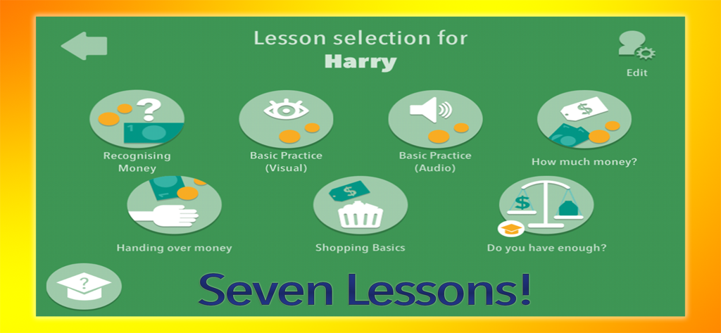 Money Up! - Build Life Skills - Lesson selection screen in the Money Up app showing seven different educational games for learning money management skills.