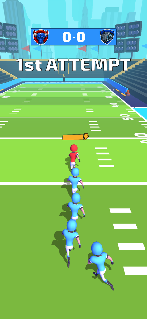 Um jogador de futebol americano vermelho correndo pelo campo para marcar um touchdown enquanto desvia de oponentes azuis