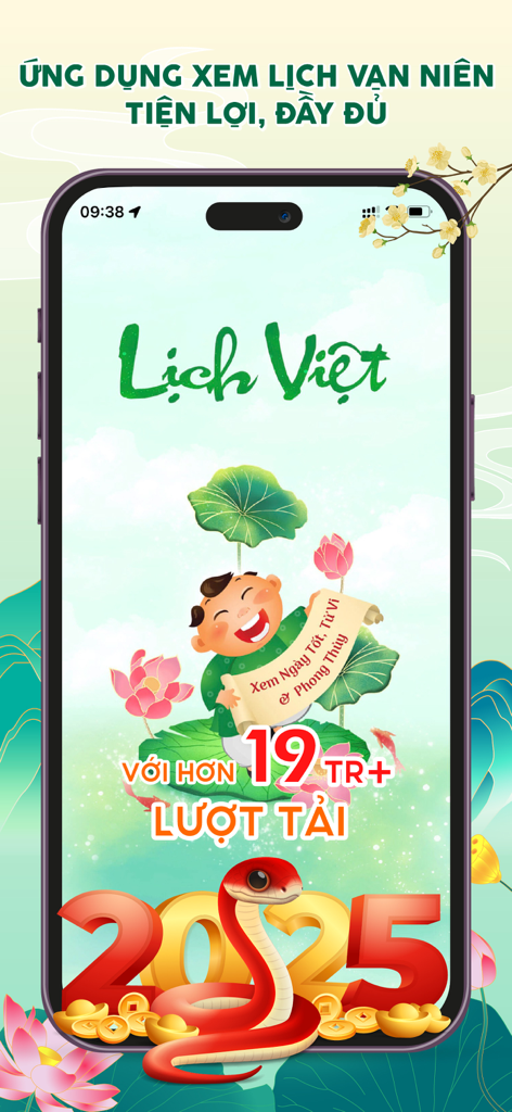 Lich Viet 2026 app home screen with Year of the Snake illustration and Vietnamese calendar features
