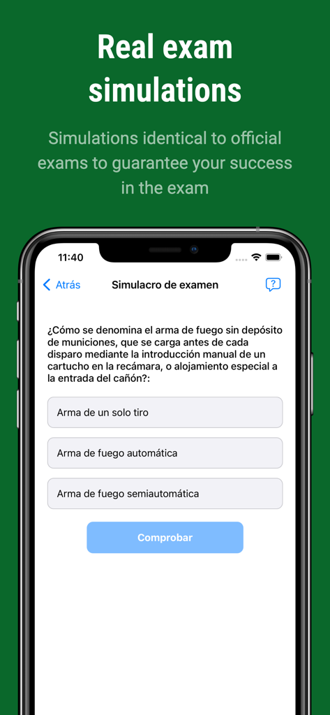 Licencia de Armas - España - Interfaz de la aplicación móvil que muestra una simulación de examen real para la prueba de licencia de armas de fuego española.