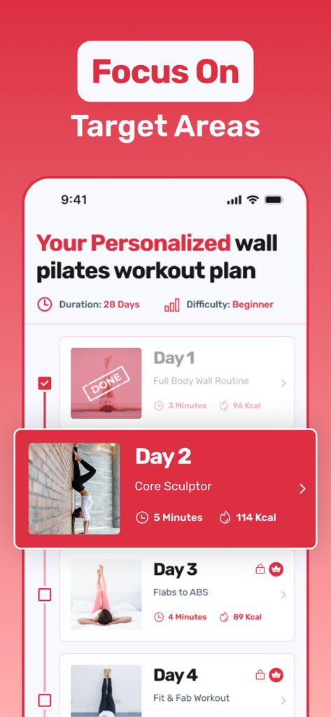 Wall Pilates: 28 Day Challenge - Mobile app screen showing a personalized 28 day wall pilates workout plan with daily routines like Core Sculptor.