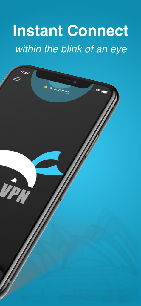 Ninja VPN app interface on an iPhone showing the instant connect feature with a connecting status indicator