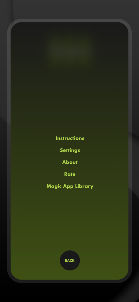 Stigma 3 - Magic Trick Tricks - Main menu screen of the Stigma 3 magic app featuring navigation options for instructions, settings, and the magic app library.