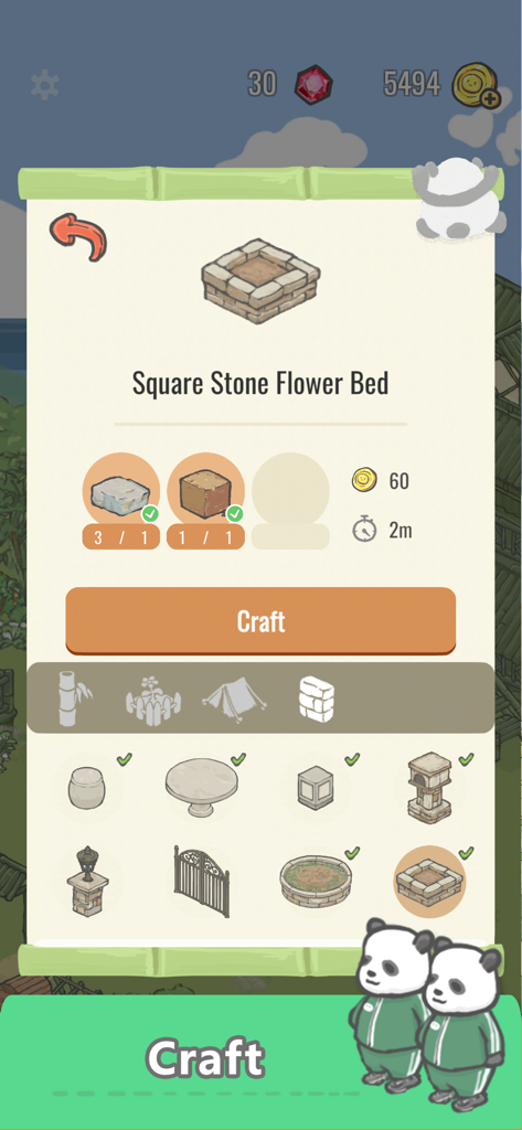 Tuana - Tuana app crafting interface for a square stone flower bed with material requirements
