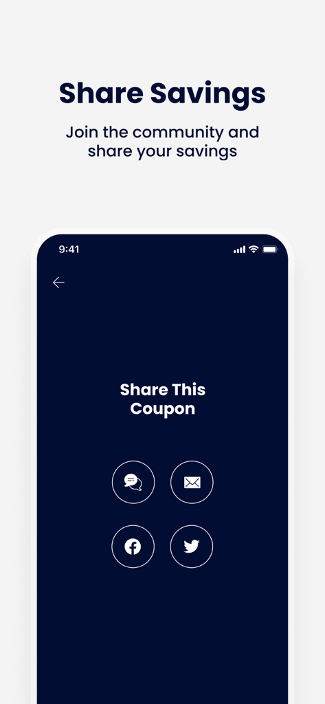 Good To Go & My Good Rewards - Interface of the Good To Go app showing options to share savings and coupons through social media and messaging