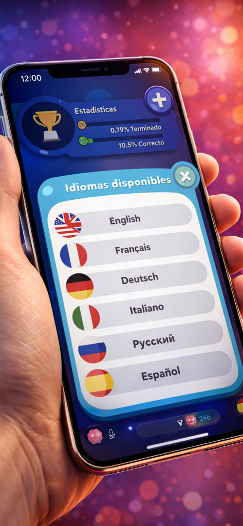 Trivia Quiz: General Knowledge - A smartphone displaying the language selection menu in the Trivia Quiz app with flags for English, French, German, Italian, Russian, and Spanish.